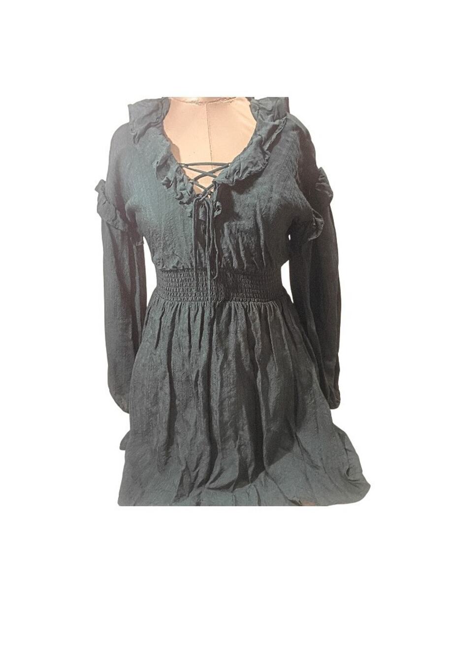 Moonriver Prairie Core Corset Top Lng Sleeve Ruffled Dress Dark Emerald Green Xs